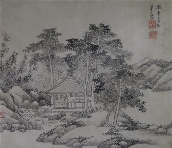 Three Chinese ink paintings after Song and Yuan old masters, largest image excluding brocade border 26.5cm x 32cm